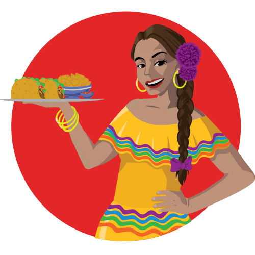 La Doña logo. Traditional mexican dressed woman with a canary yellow dress; purple, blue, orange, and green stripes on her blouse and dress. A purple flower and bow tie on her brown hair, with gold bracelets and earrings. Holding a plate of tacos, nachos, and salsa. In front of a red circle and yellow square background. 